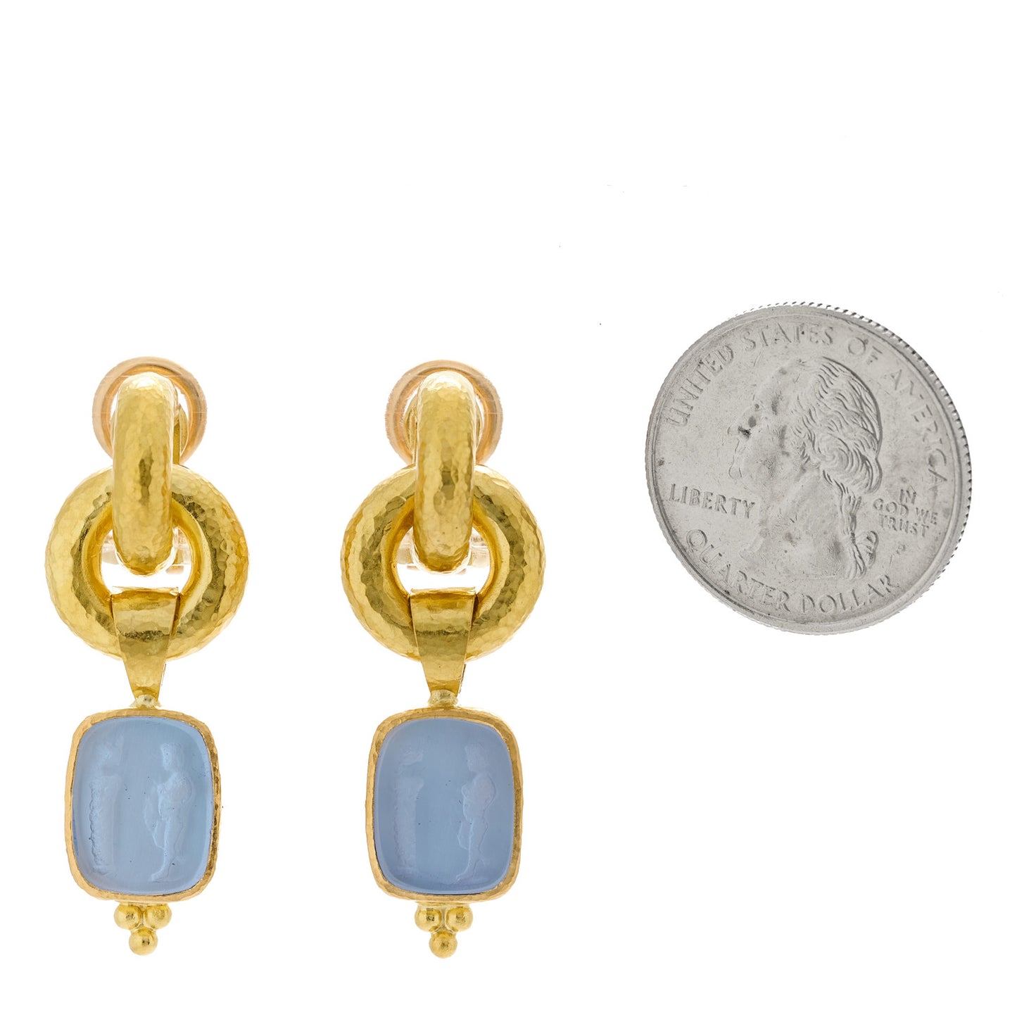 19K Yellow Gold Cerulean Venetian Glass Intaglio God and Pillar Cheerio Drop Earrings