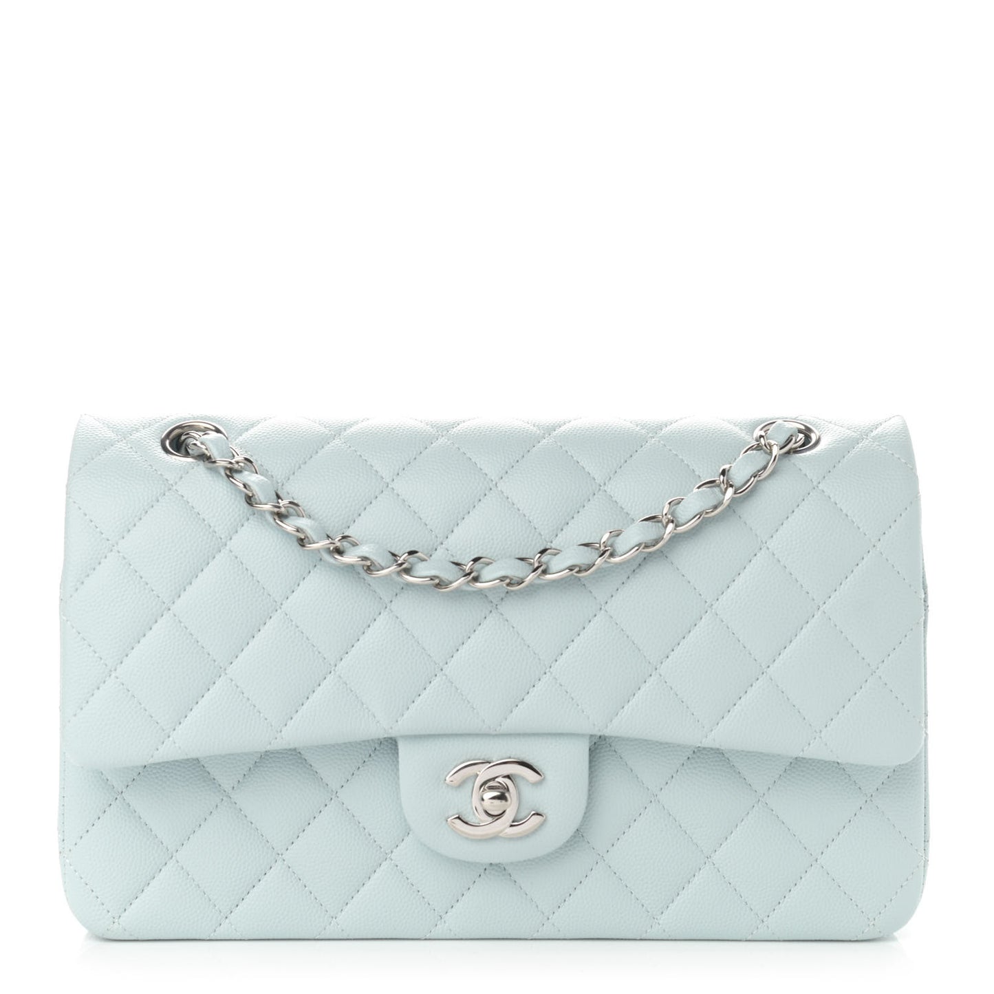 Caviar Quilted Medium Double Flap Light Blue