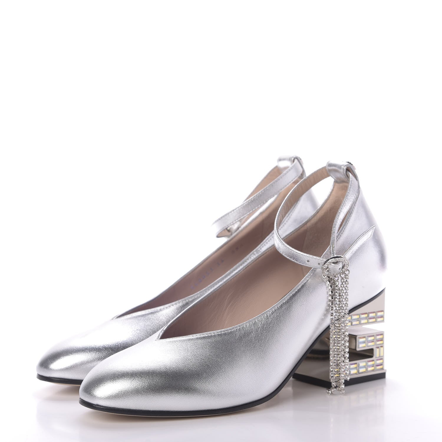 Gucci Metallic Nappa Crystal Square G Mid Heel Pumps 36 Silver 3 of 10