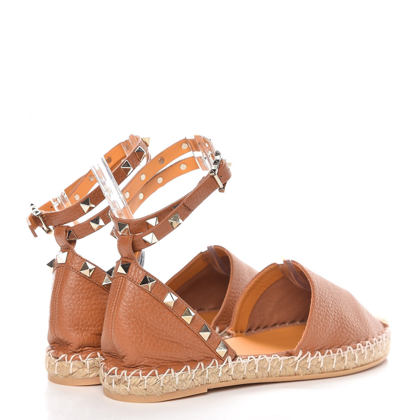 Grained Calfskin Rockstud Ankle Wrap Espadrille Flats 37 Cognac