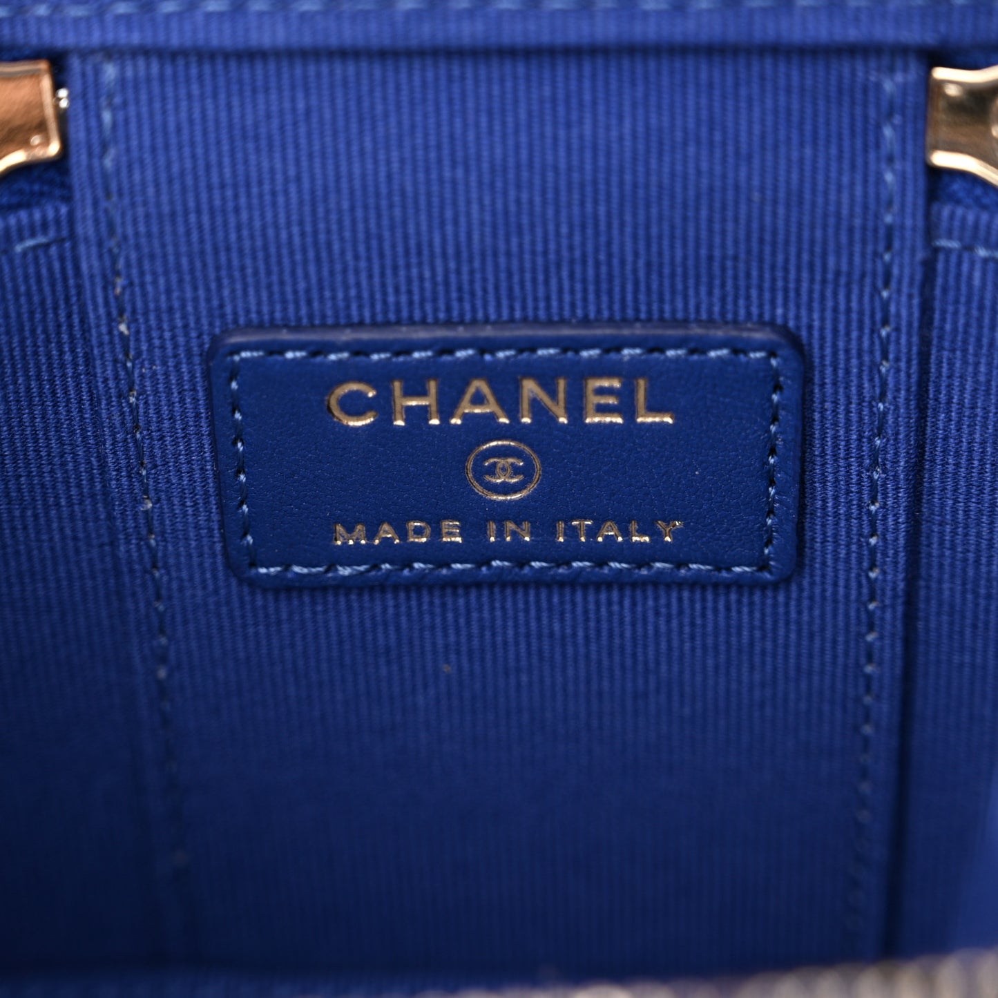 Lambskin Quilted Top Handle Mini Vanity Case With Chain Blue