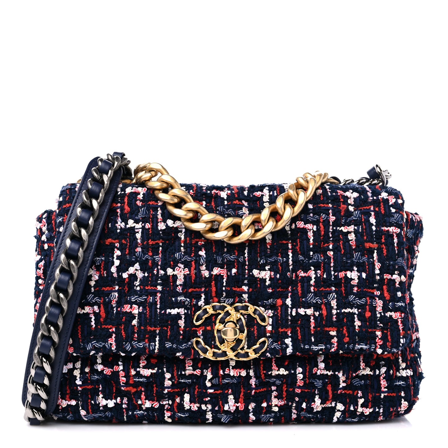 Tweed Quilted Medium Chanel 19 Flap Navy Blue White Red