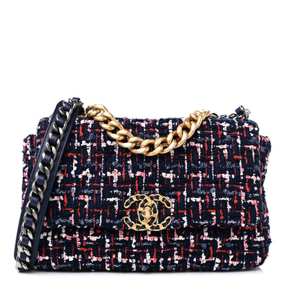 Chanel Tweed Quilted Medium Chanel 19 Flap Navy Blue White Red 1 of 9