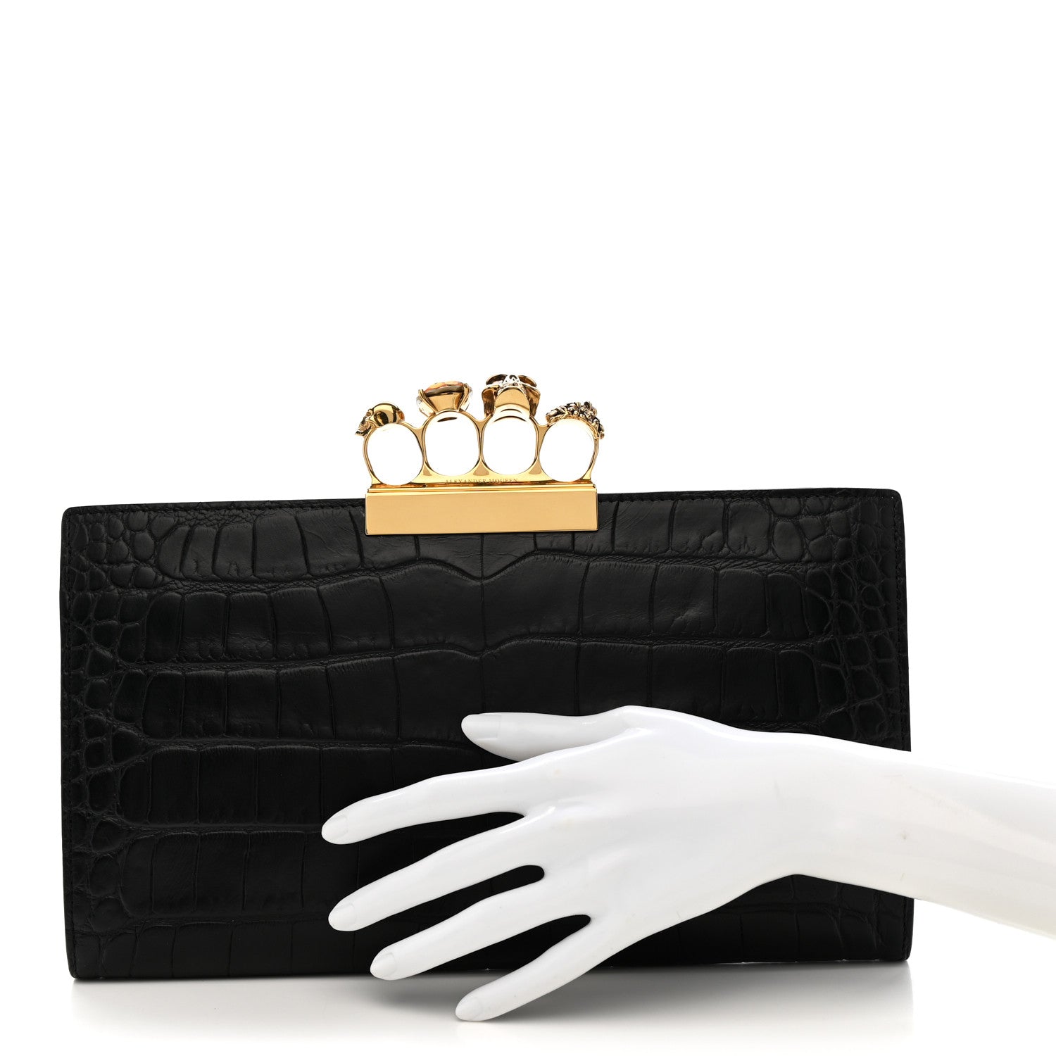 Alexander McQueen Calfskin Crocodile Embossed Knuckle Flat Clutch