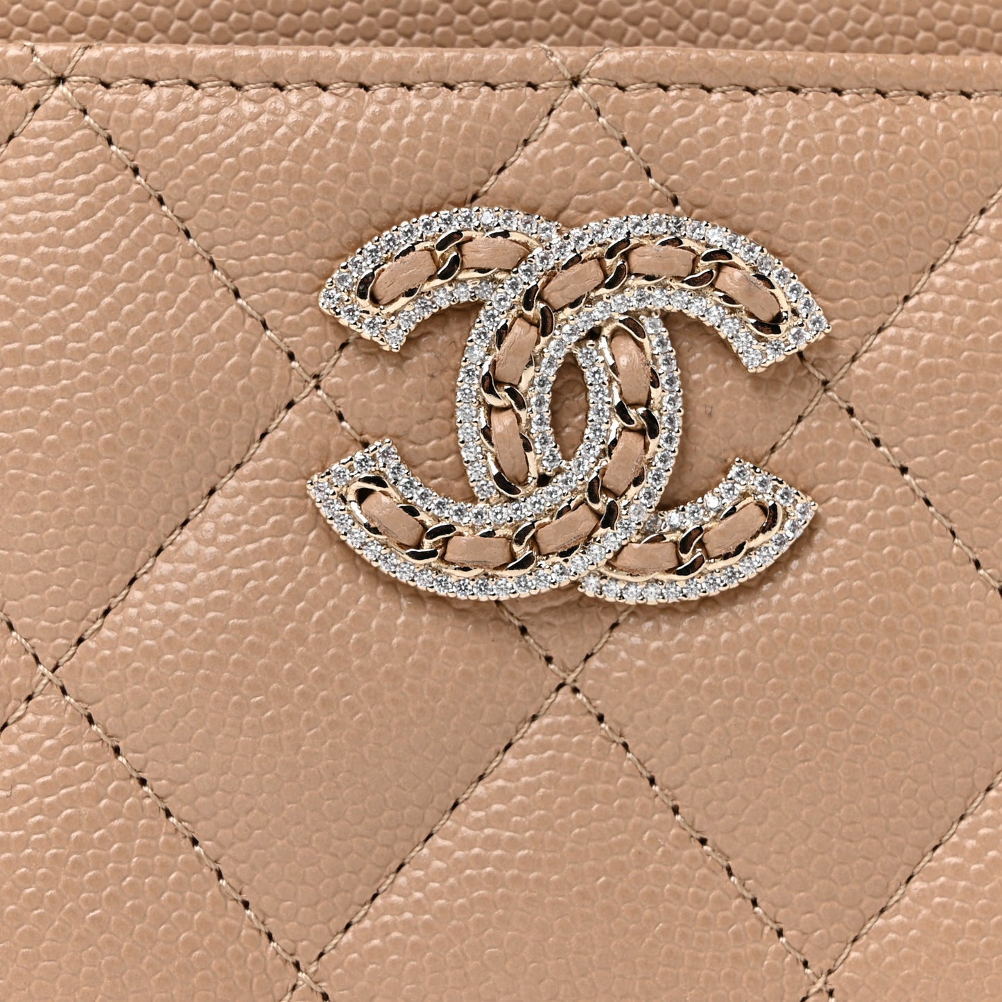 Caviar Quilted Crystal Card Holder Beige
