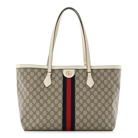 GG Supreme Monogram Textured Dollar Calfskin Web Medium Ophidia Shopping Tote Beige Ebony Mystic White