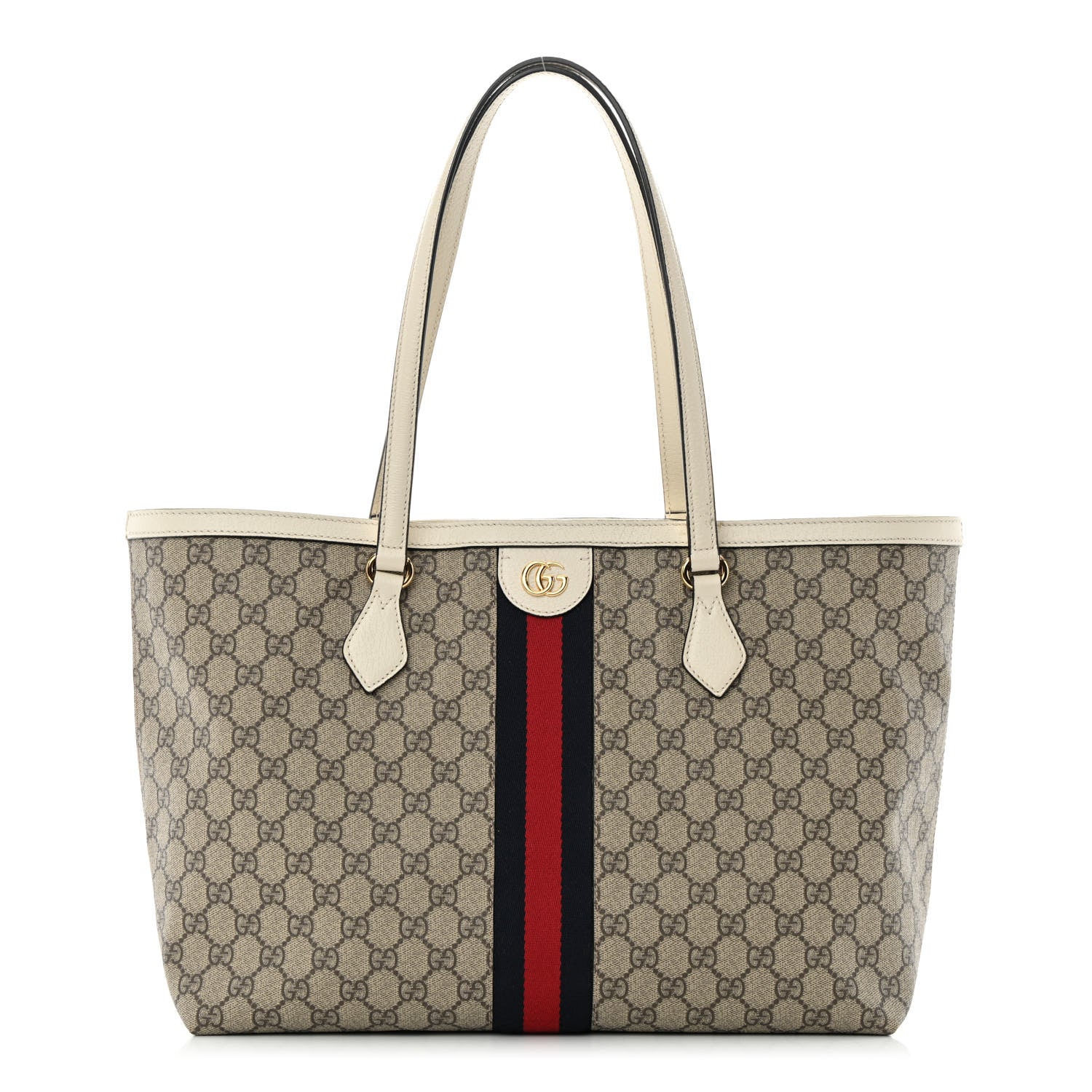 Gucci GG Supreme Monogram Textured Dollar Calfskin Web Medium Ophidia Shopping Tote Beige Ebony Mystic White 1 of 16