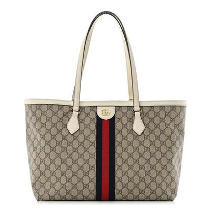 Gucci GG Supreme Monogram Textured Dollar Calfskin Web Medium Ophidia Shopping Tote Beige Ebony Mystic White 1 of 16