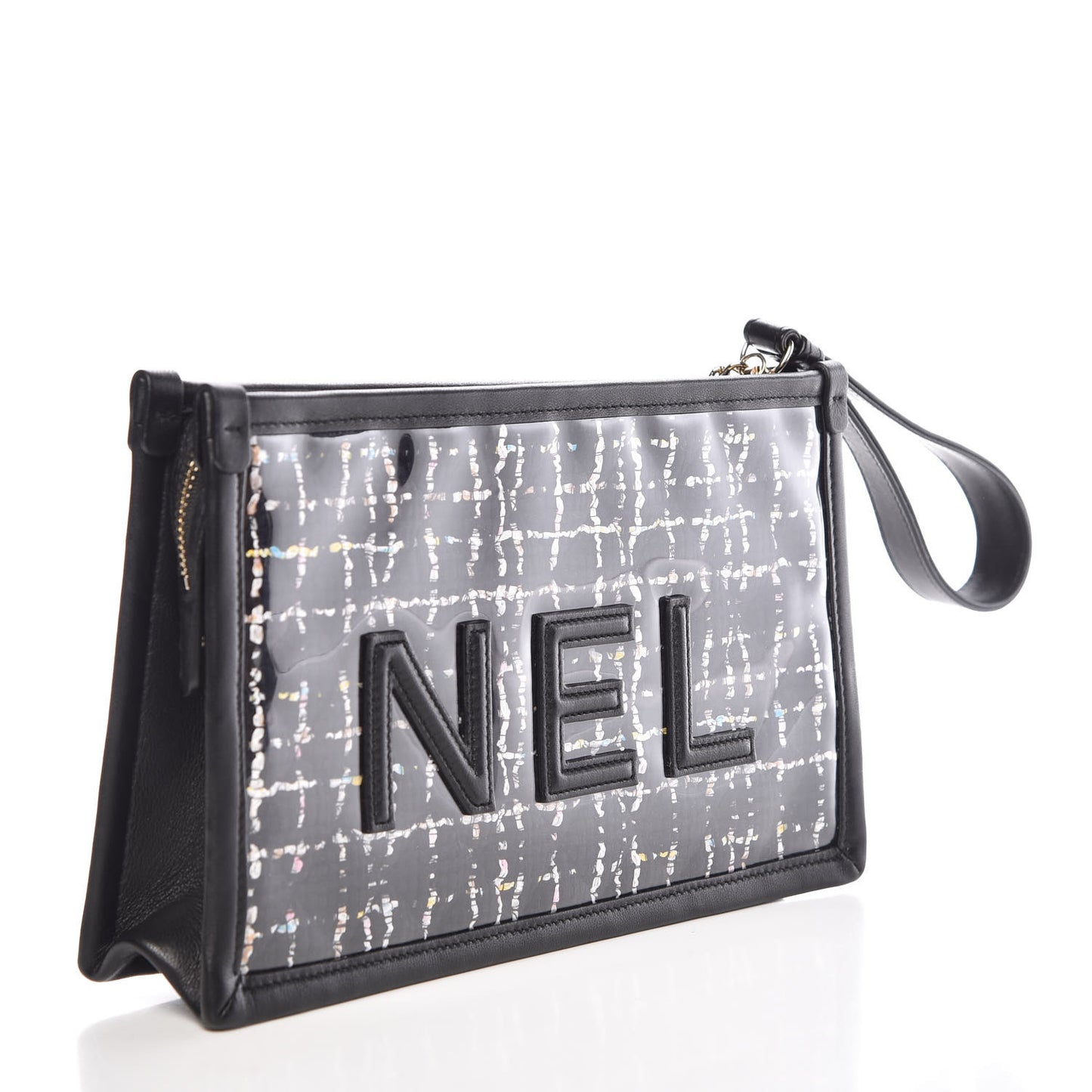 Tweed PVC Lambskin Wristlet Pouch Black