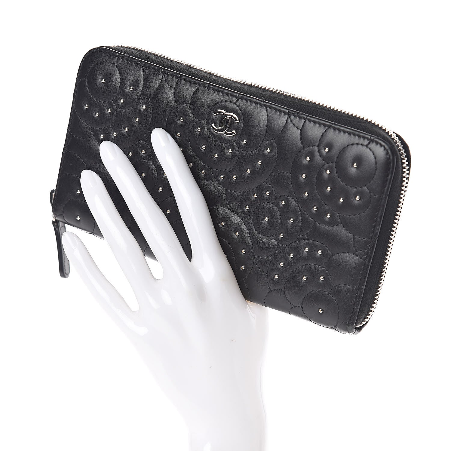Chanel Lambskin Camellia Studded Large Gusset Zip Around Wallet Black 2 of 12