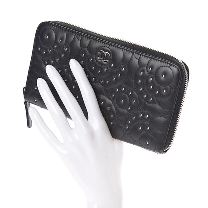 Chanel Lambskin Camellia Studded Large Gusset Zip Around Wallet Black 2 of 12