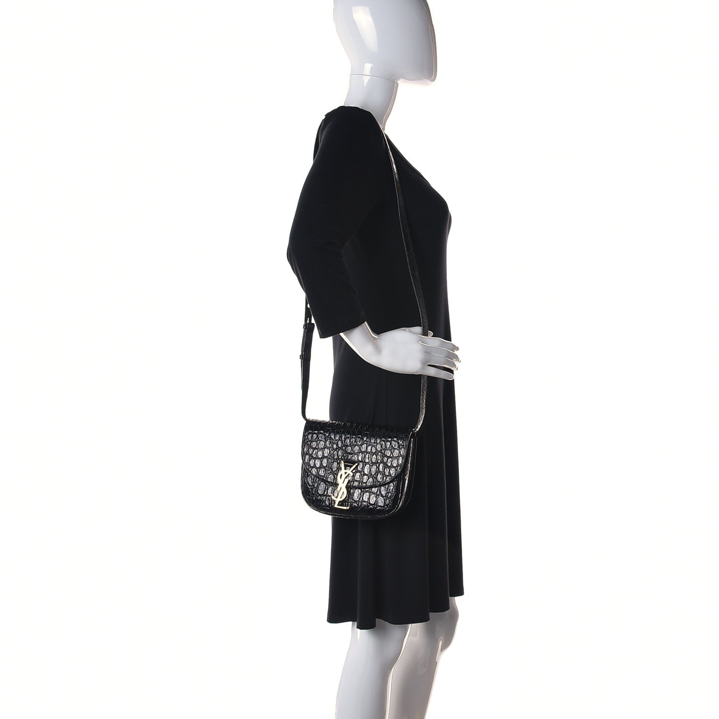 Crocodile Embossed Calfskin Small Kaia Satchel Black