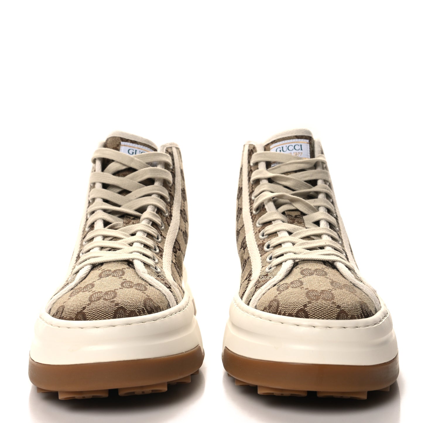 GG Monogram Mens 1977 Tennis High Top Platform 55mm Sneakers 6 Beige Ebony Mystic White