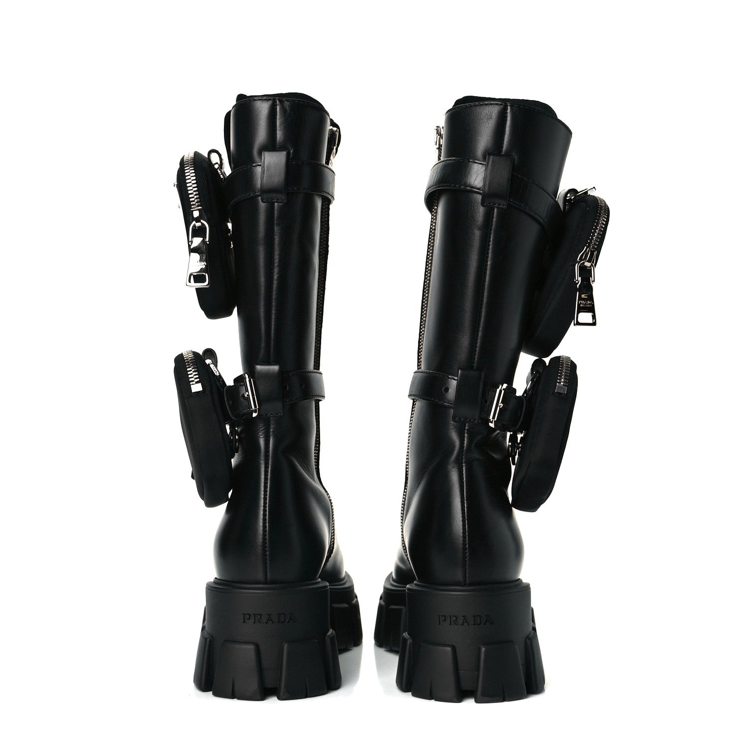 Prada Vitello Lux Nylon Metal Triangle Logo Monolith Pouch Pocket 55mm Tall Combat Boots 37 Black 5 of 7