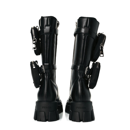 Prada Vitello Lux Nylon Metal Triangle Logo Monolith Pouch Pocket 55mm Tall Combat Boots 37 Black 5 of 7