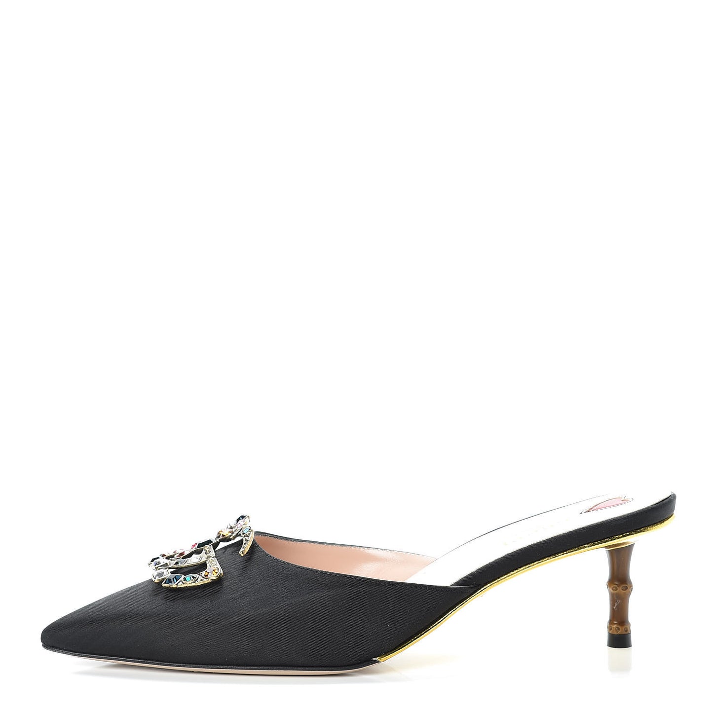 Moire Silk Crystal Logo Embellished Mules 39 Black