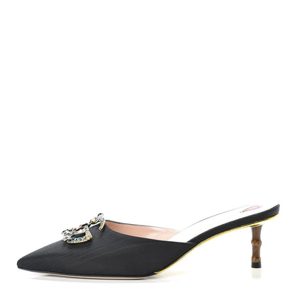 Gucci Moire Silk Crystal Logo Embellished Mules 39 Black 1 of 8