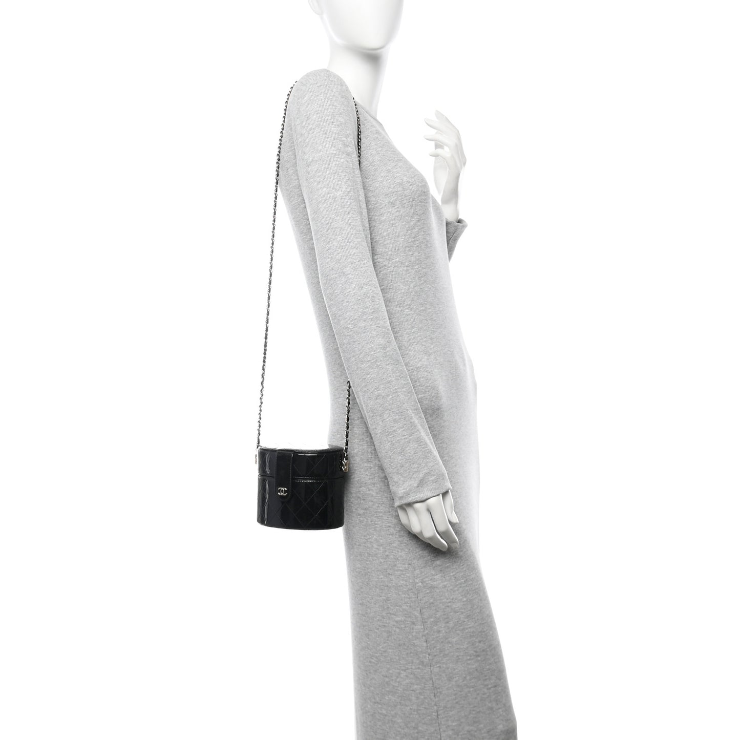 Patent Quilted Round Clutch With Chain Black
