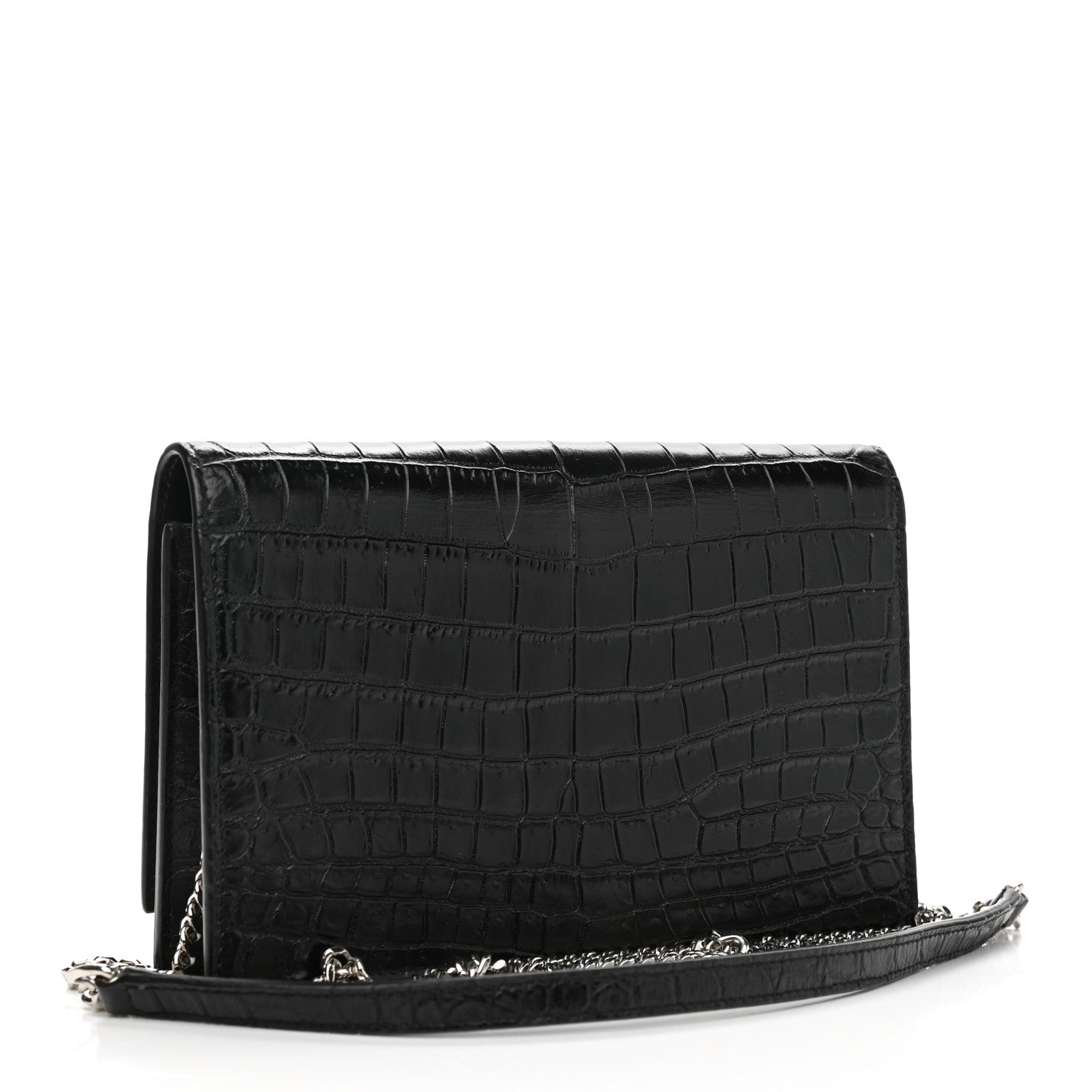 Saint Laurent Calfskin Crocodile Embossed Kate Monogram Tassel Chain Wallet Black 3 of 11