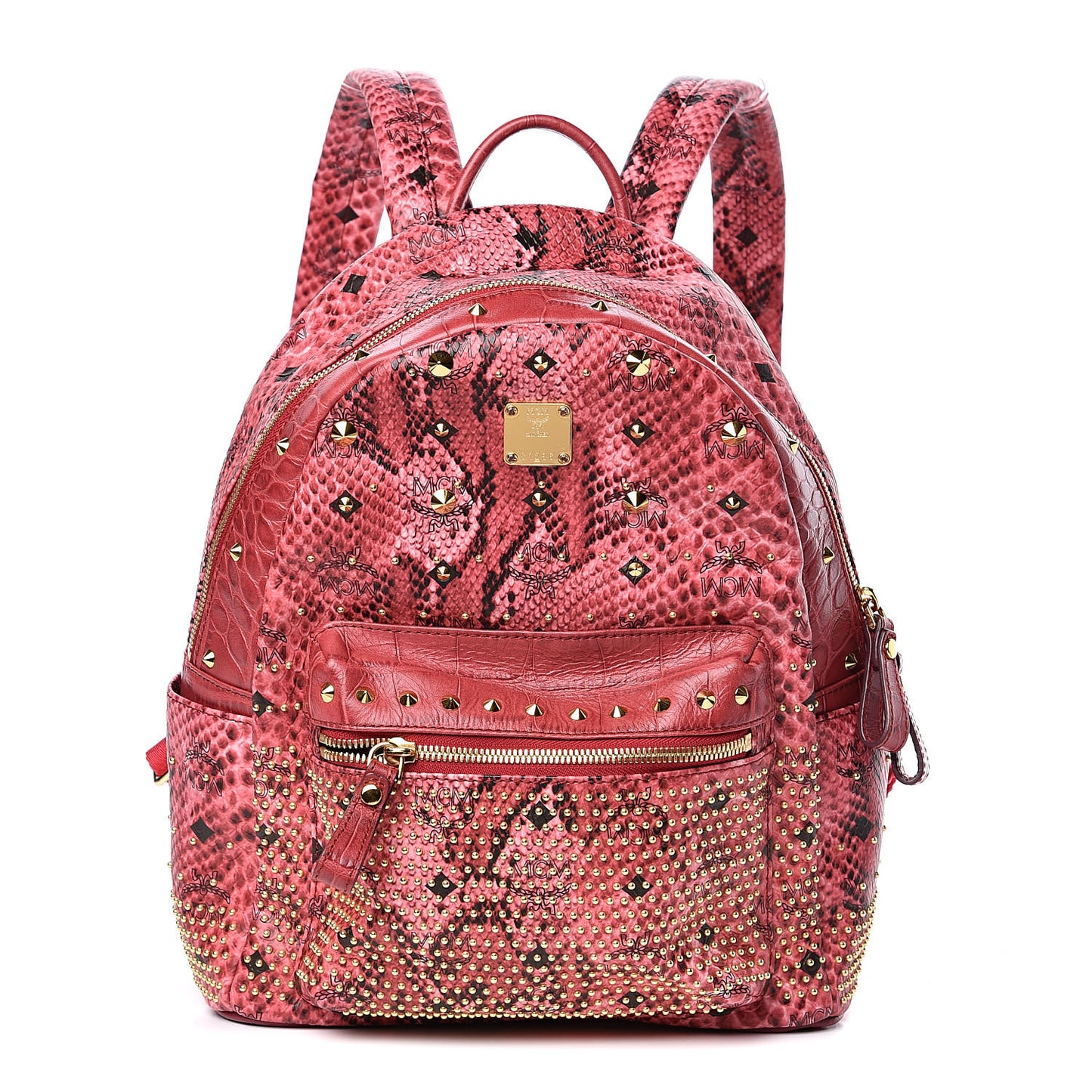 Snakeskin Embossed Visetos Studded Small Stark Backpack Red Pink