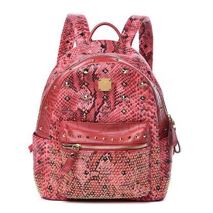 MCM Snakeskin Embossed Visetos Studded Small Stark Backpack Red Pink 1 of 9