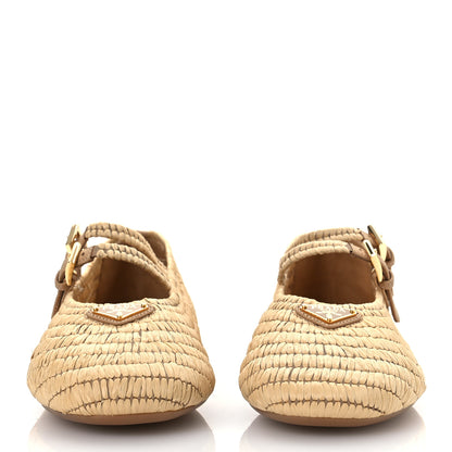 Prada Raffia Metal Triangle Logo Ballet Flats 38.5 Natural 3 of 10