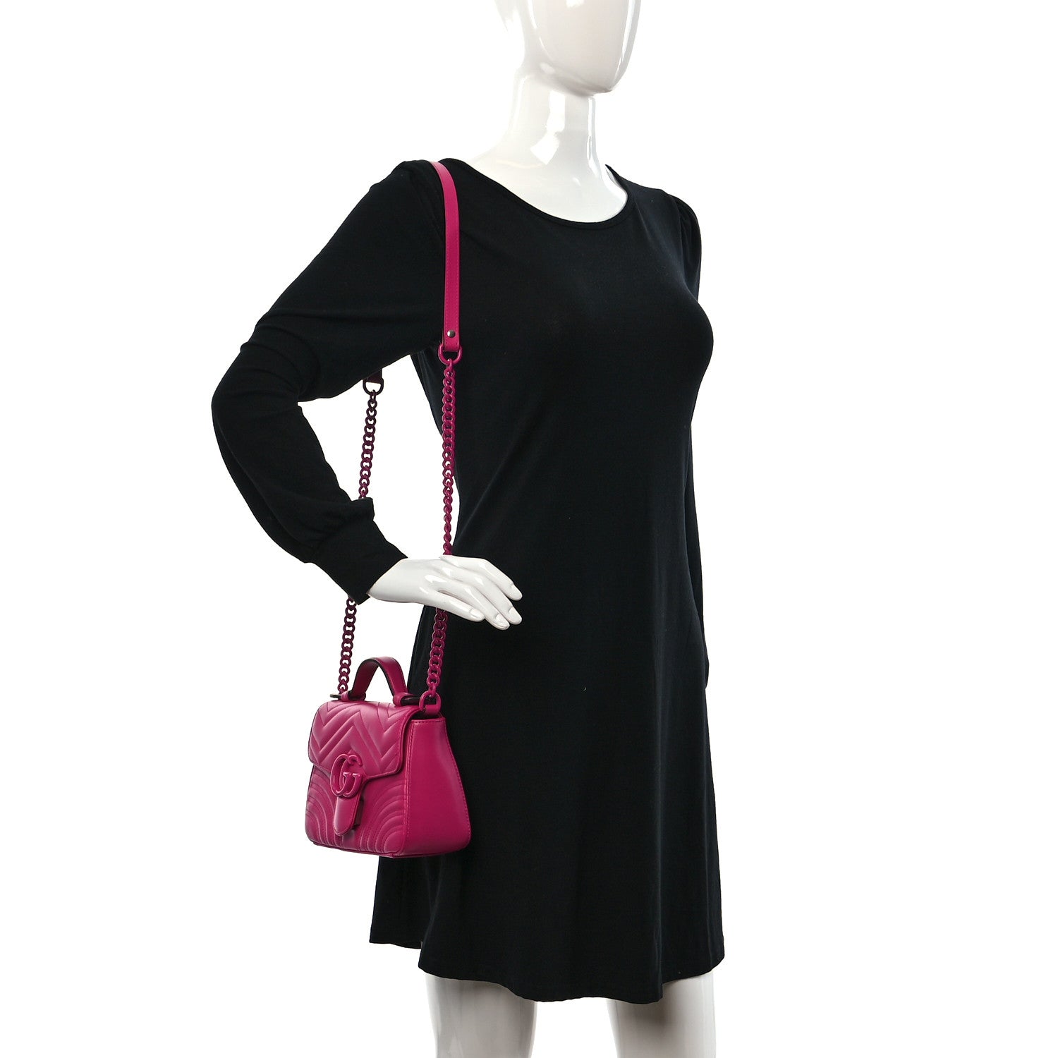 Gucci Calfskin Matelasse Monochrome Mini GG Marmont Top Handle Shoulder Bag Classic Fuxia 2 of 8