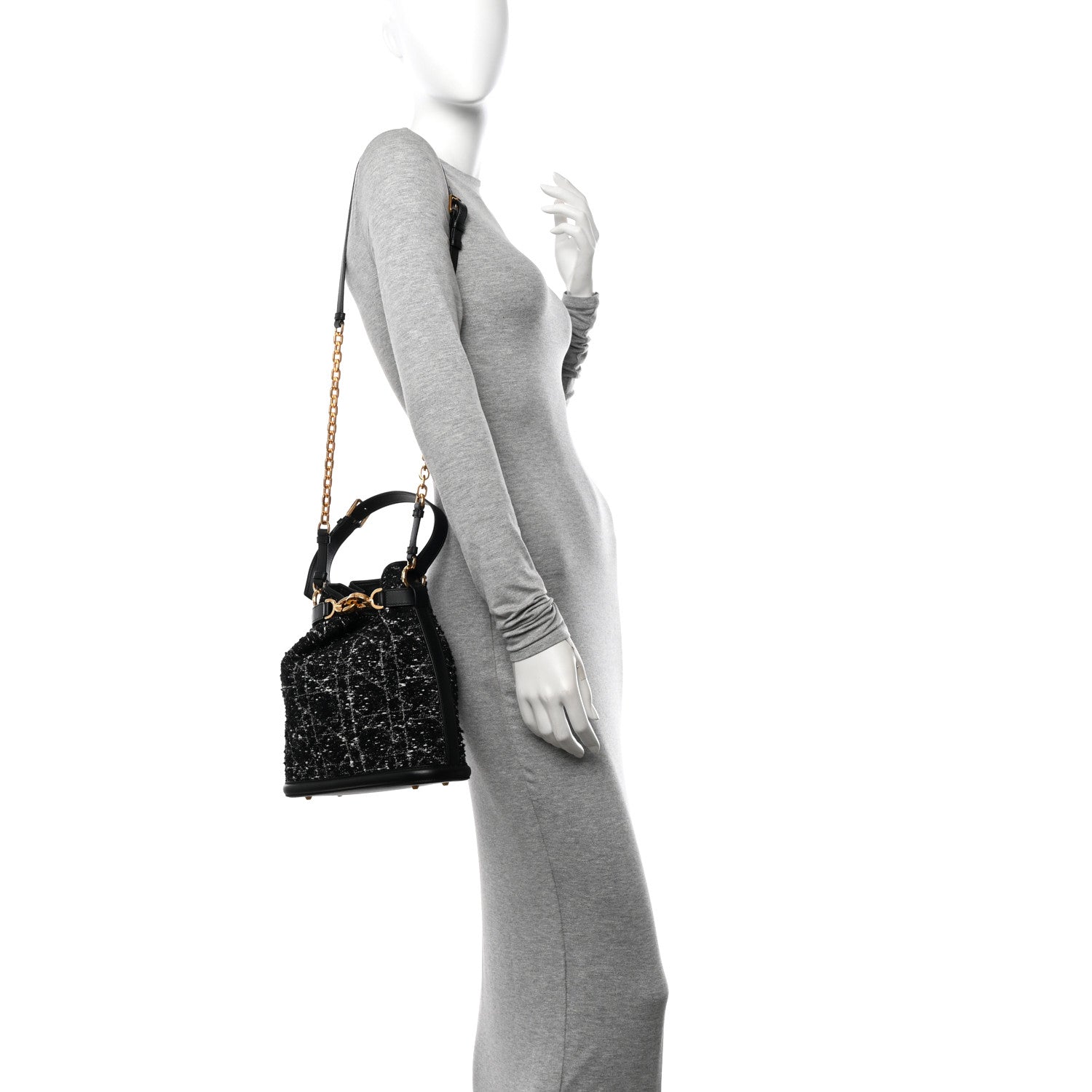 Christian Dior Calfskin Tweed Cannage Medium C'est Chain Bucket Bag Black White 2 of 11
