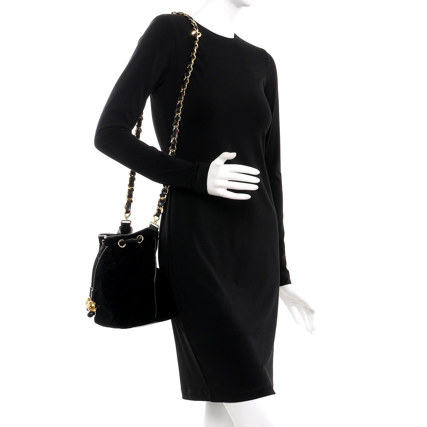 Velvet CC Drawstring Bucket Bag Black
