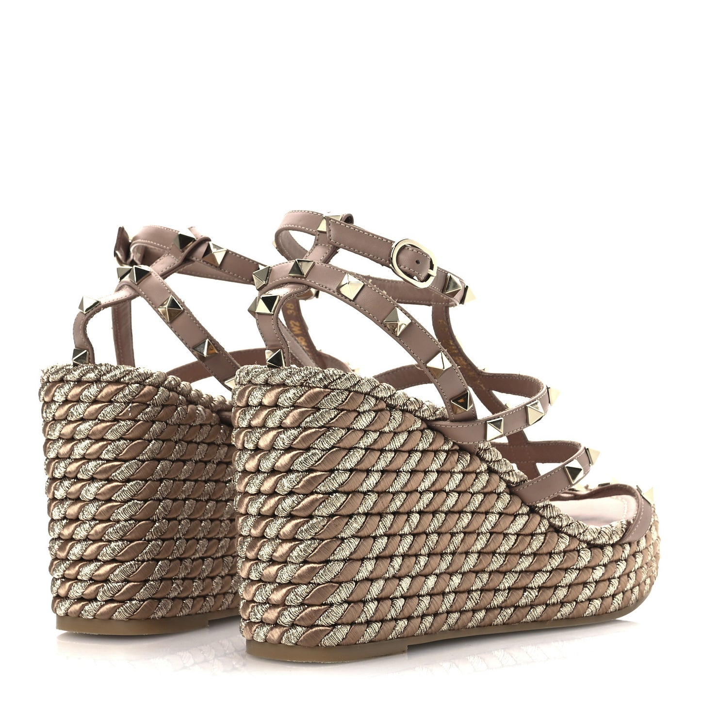 Calfskin Rockstud Ankle Strap Torchon Espadrille Caged 25/95mm Wedge Sandals 38 Rose Canelle