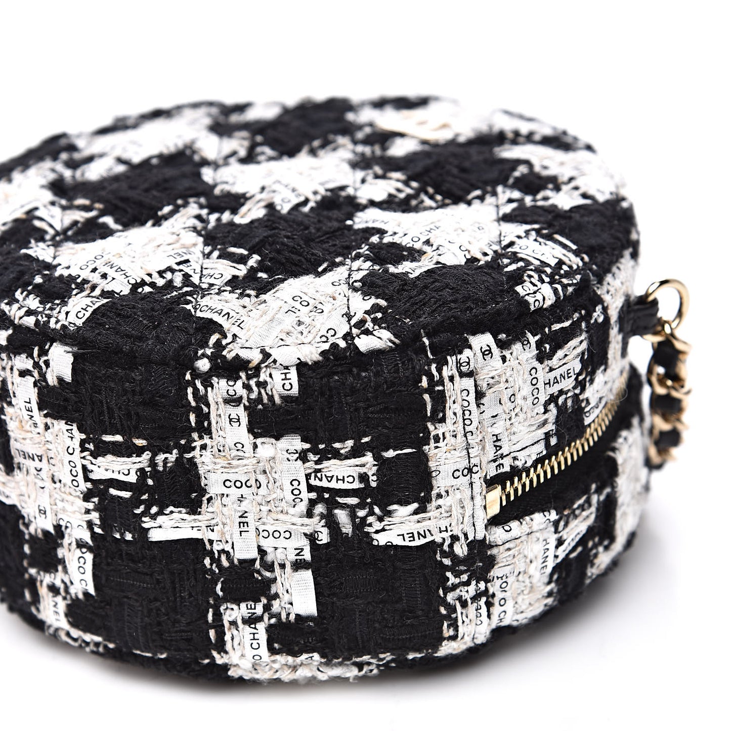 Tweed Round Clutch With Chain Black White