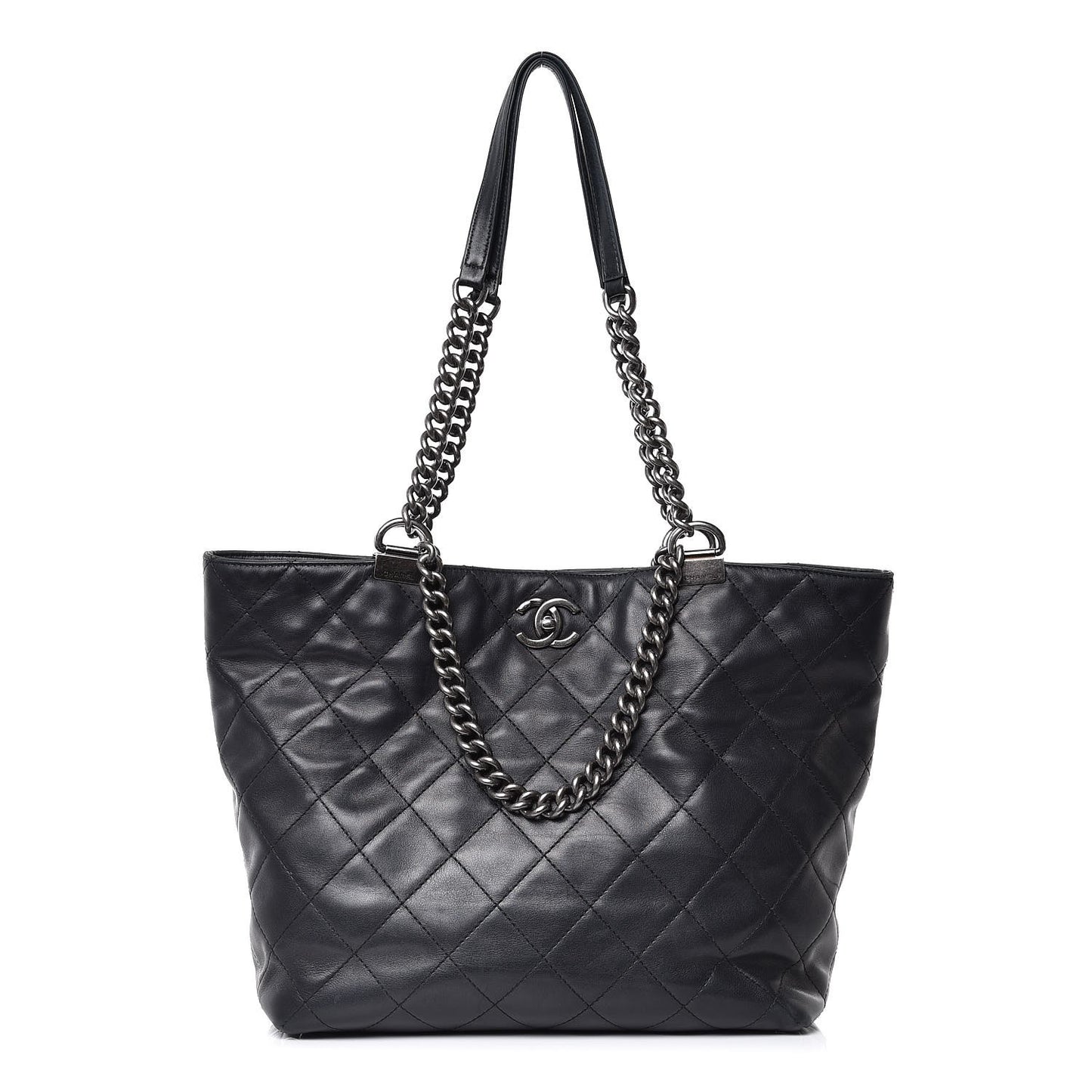 Calfskin Quilted Large Shopping In Chains Tote Black