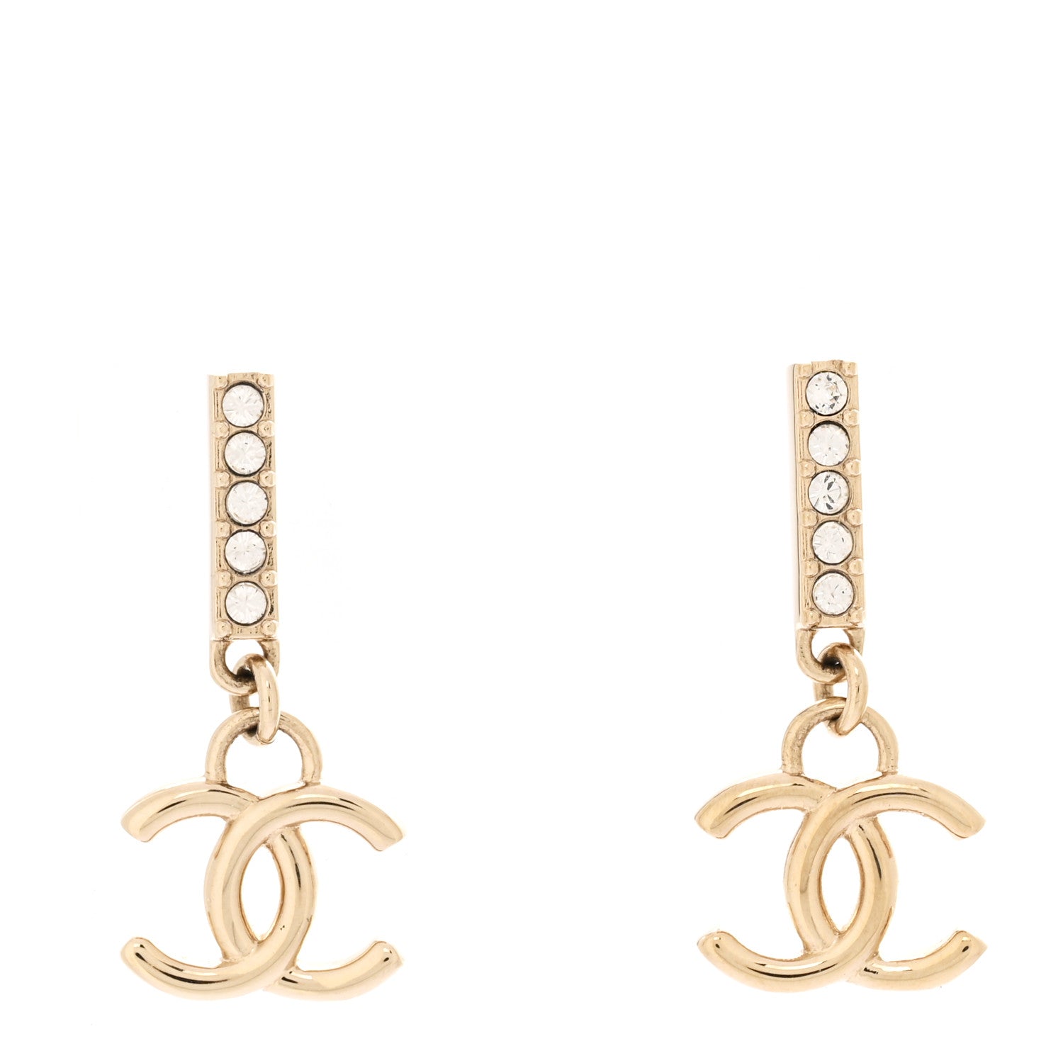 Chanel Metal Crystal Studded CC Drop Earrings Gold 1 of 5