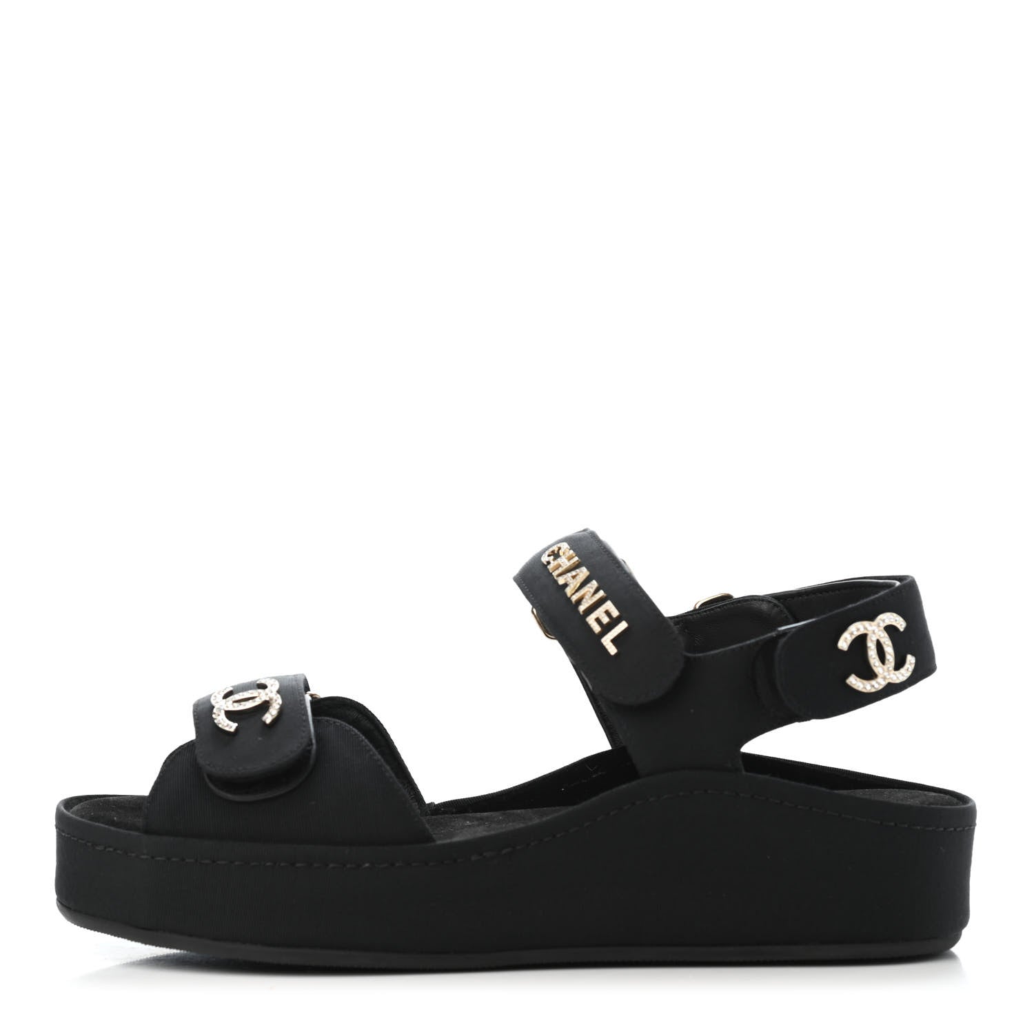 Chanel Grosgrain Crystal Logo Platform Sandals 36 Black 1 of 4