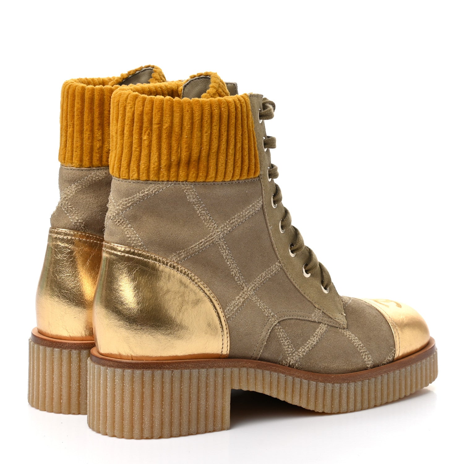 Chanel Suede Calfskin Velvet Quilted CC Combat Boots 39.5 Beige Yellow Gold 4 of 9