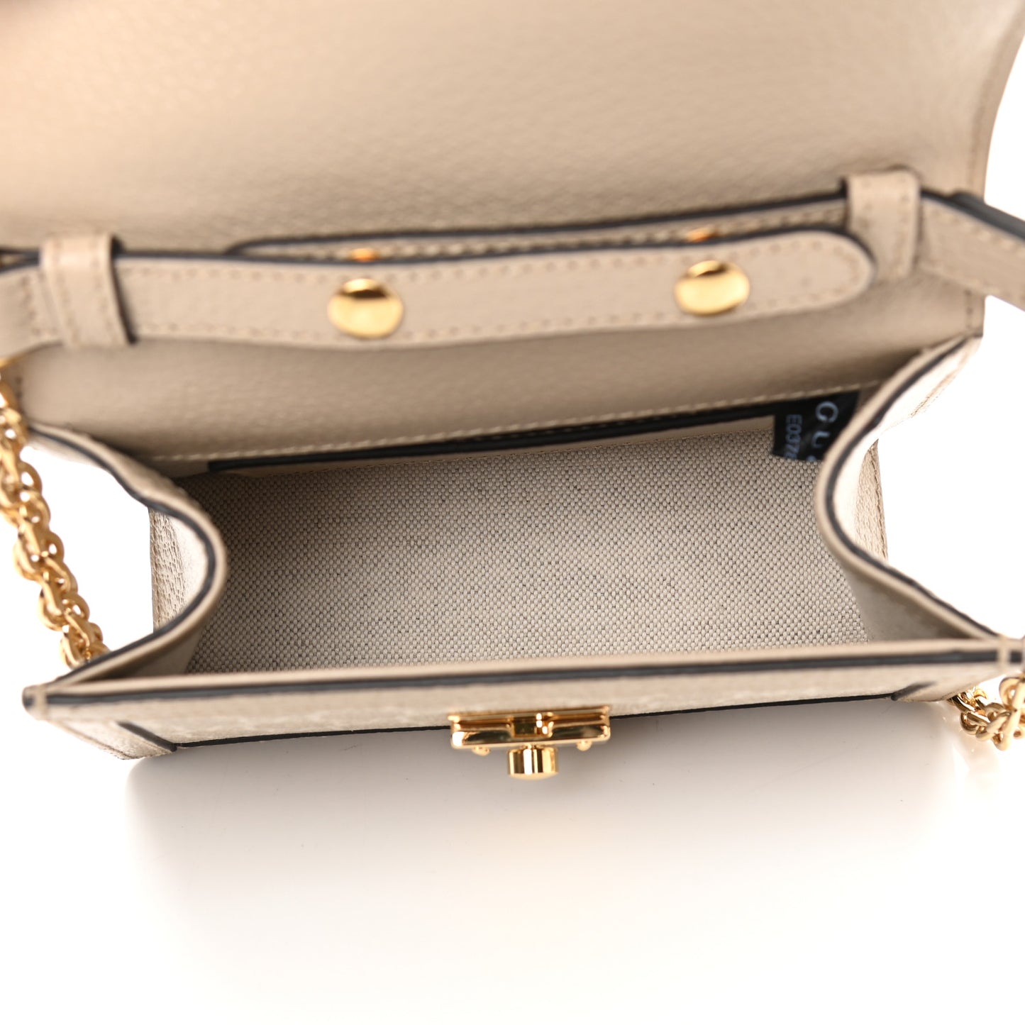 GG Supreme Monogram Textured Dollar Calfskin Web Mini Ophidia Padlock Top Handle Chain Shoulder Bag Beige Mystic White Oatmeal
