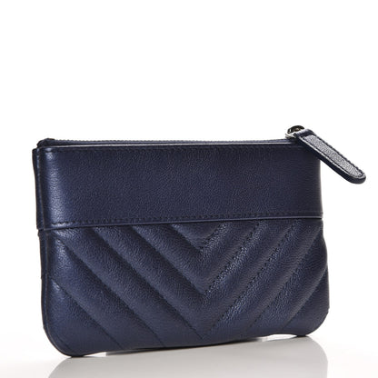 Chanel Metallic Sheepskin Chevron Quilted Small Vintage Mademoiselle Cosmetic Case Navy 3 of 8