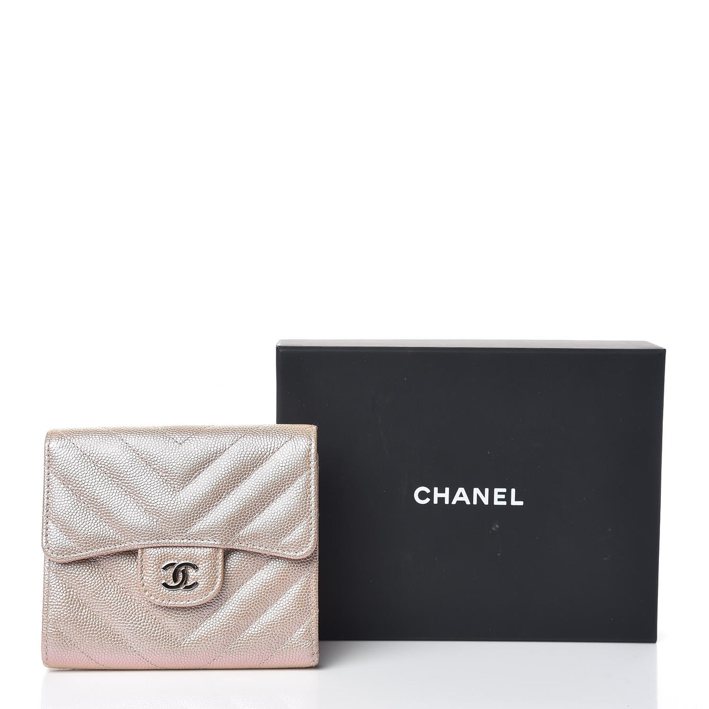 Metallic Caviar Chevron Quilted Compact Flap Wallet Light Gold