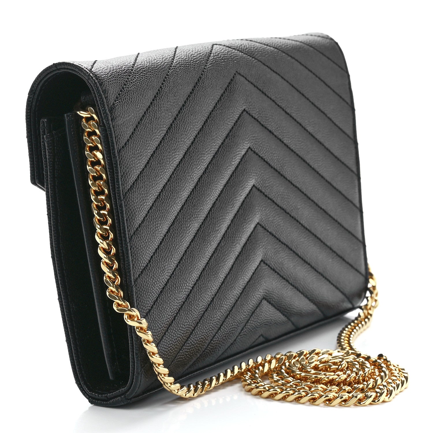 Saint Laurent Grain De Poudre Matelasse Chevron Monogram Chain Wallet Black 3 of 11