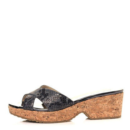 Jimmy Choo Metallic Snake Print Panna Cork Wedge Sandals 37 Anthracite 1 of 8