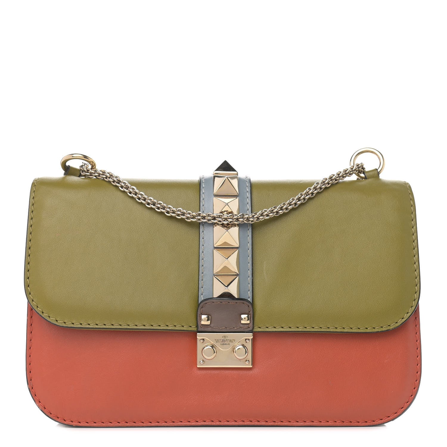 Valentino Garavani Vitello Tri-Color Medium Glam Lock Rockstud Flap Green Orange Brown 1 of 10