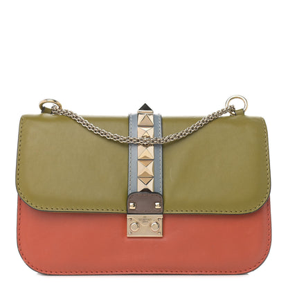 Valentino Garavani Vitello Tri-Color Medium Glam Lock Rockstud Flap Green Orange Brown 1 of 10