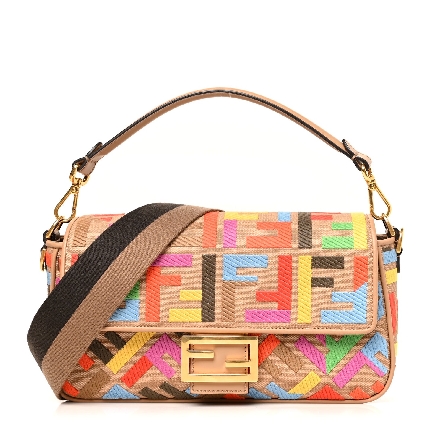 Canvas Vitello King FF Multicolor Embroidered Baguette Multicolor Cuoio