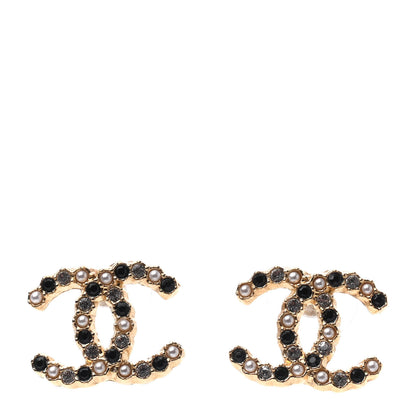 Chanel Resin Pearl Crystal CC Earrings Gold Black 1 of 4