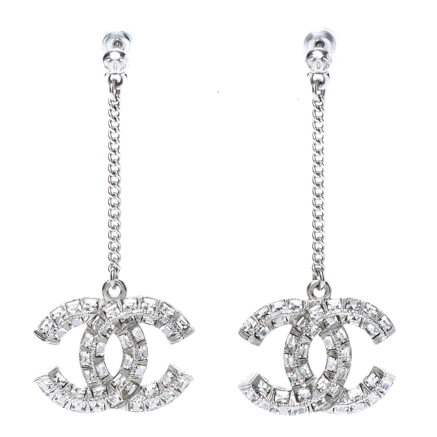 Chanel Baguette Crystal CC Drop Earrings Silver 1 of 5