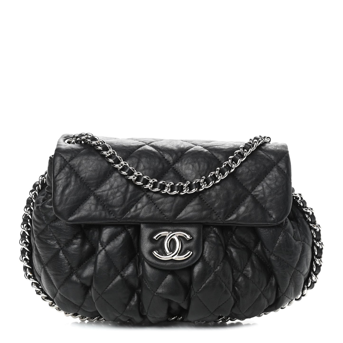 Washed Lambskin Quilted Medium Chain Around Messenger Black