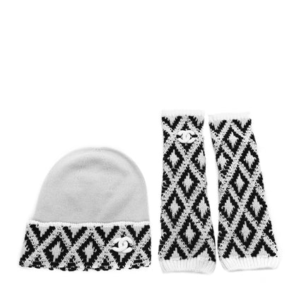 Chanel Cashmere Blend CC Beanie Hat With Gloves Set White Navy Blue 1 of 5