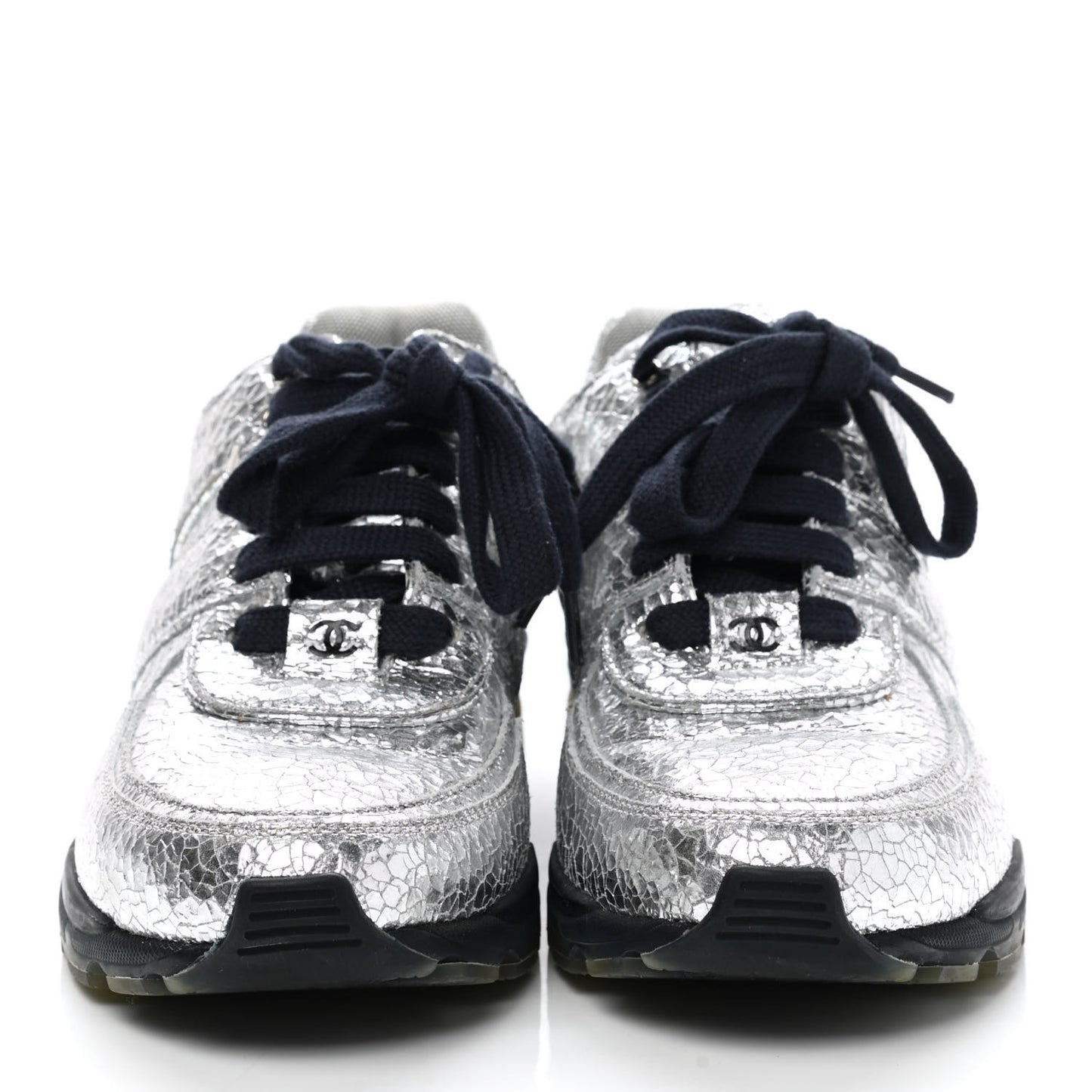 Metallic Crackled Calfskin CC Sneakers 37 Silver Black Navy