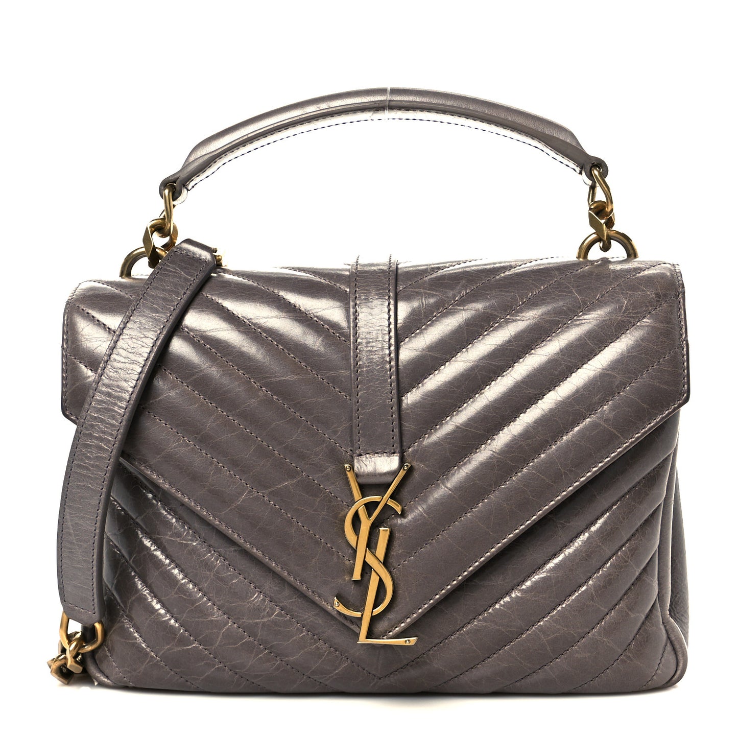 Waxed Calfskin Matelasse Chevron Medium Monogram College Bag Fog Gray