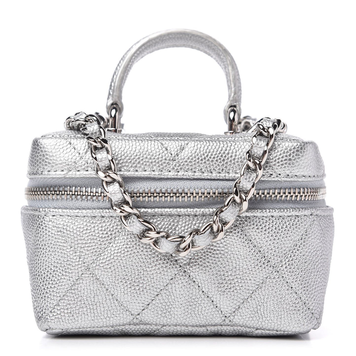 Metallic Caviar Quilted Mini Top Handle Vanity With Chain Silver